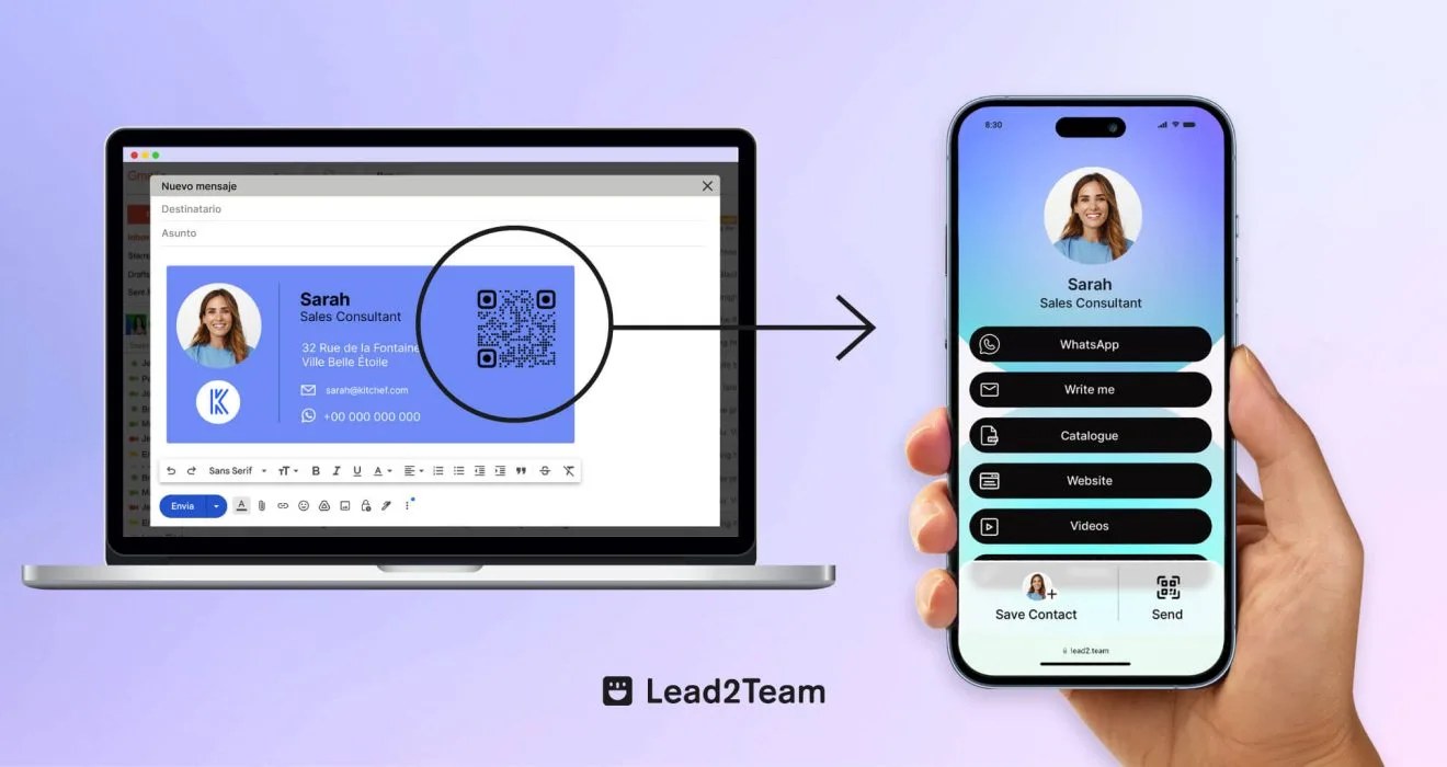 Se muestra un ordenador con el correo electrónico abierto y un mensaje. En el se ve la firma de mail del emisor co un código QR. De éste sale una flecha que indica que abrirá la tarjeta digital.