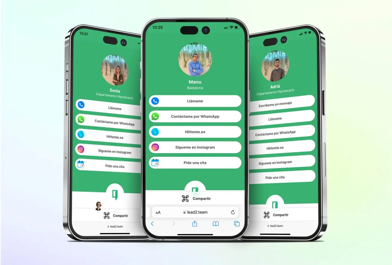 Tres móviles mostrando la tarjeta digital de agentes de HiHomie.