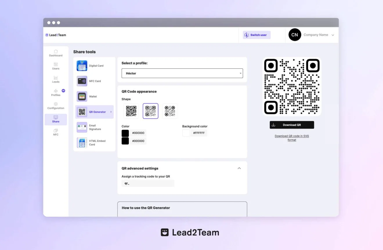 visualización de la plataforma de Lead2Team con el generador de códigos QR.