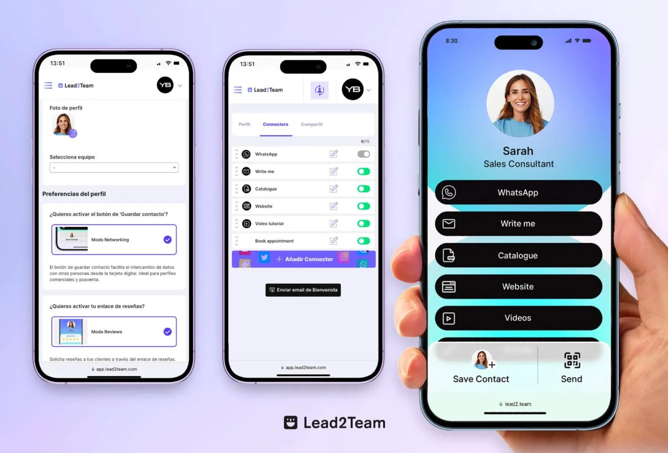 Tres móviles con los tres pasos para crear una tarjeta digital con Lead2Team