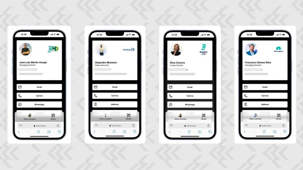 Mockup de cuatro tarjetas digitales en versión móvil. Cada tarjeta corresponde a una persona diferente, con su foto, el logo de empresa y datos de contacto.