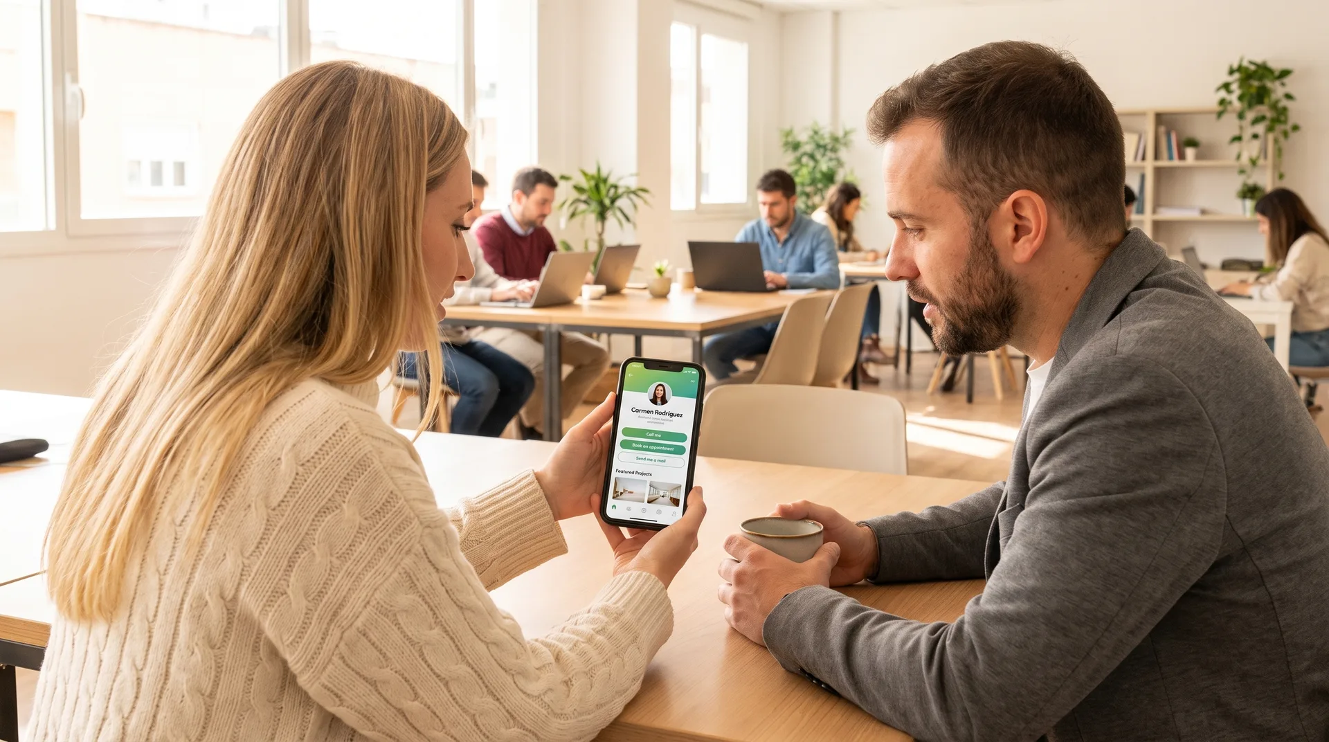 Dois comerciais encontram-se num coworking e partilham o seu contacto a partir do telemóvel