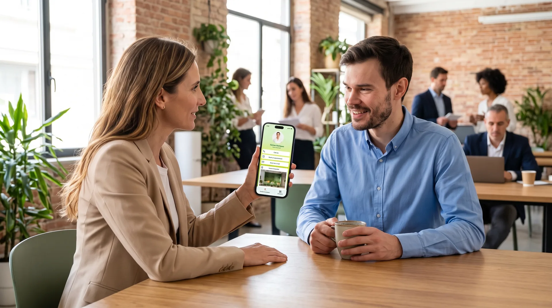At a coworking space, someone turns their phone to show their digital card