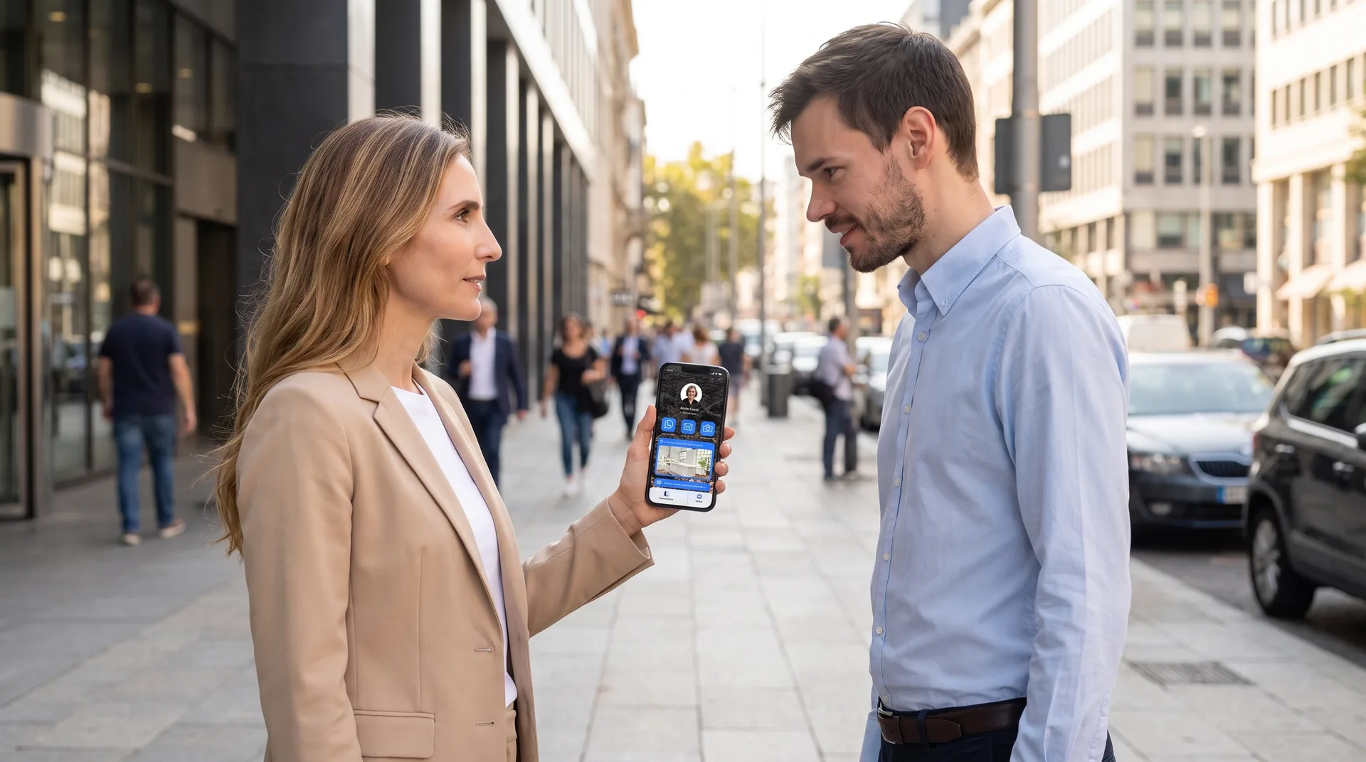 Out on the street, a professional shows her digital card on her phone with her work on display