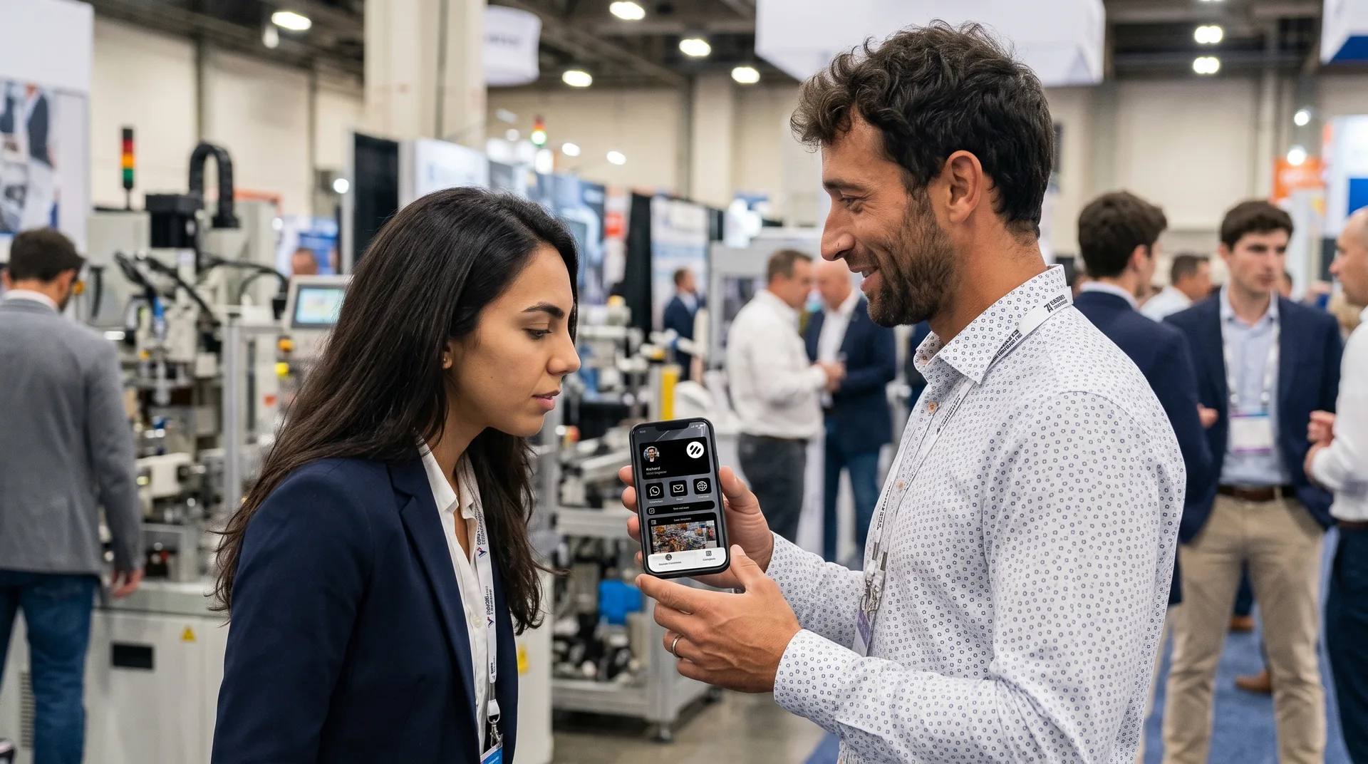 Troca de contactos num stand de feira: o cartão digital no telemóvel substitui a pilha de cartões de papel