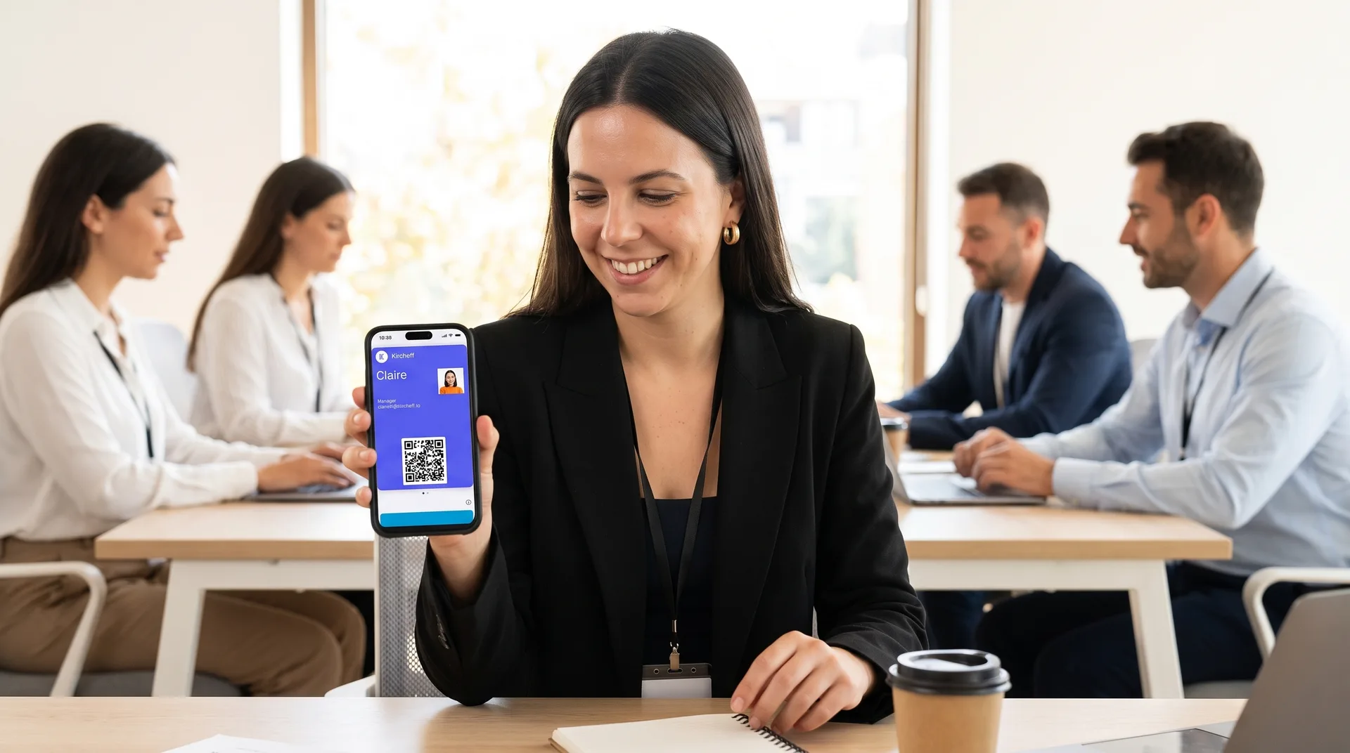 Uma comercial mostra no telemóvel o seu cartão digital com o código QR a partir do qual se descarrega o vCard