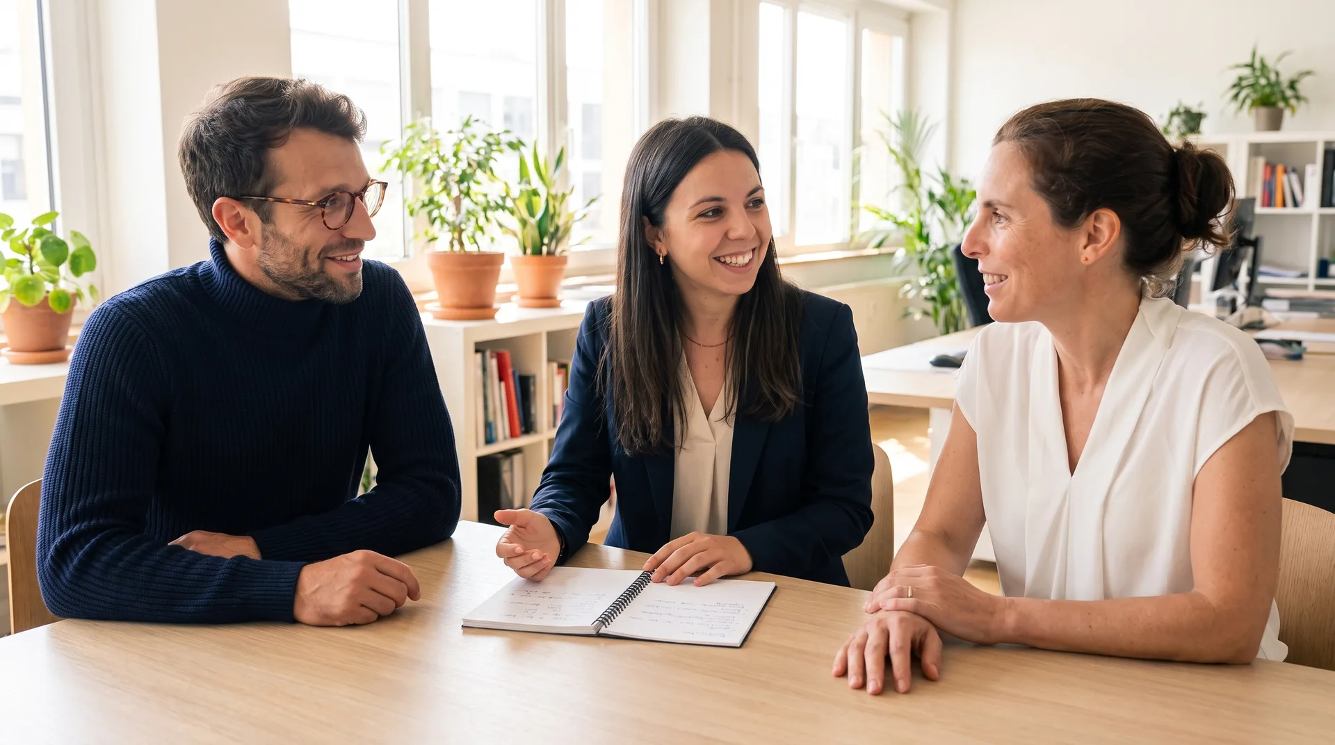 Três pessoas de uma equipa comercial reunidas à volta de uma mesa no escritório