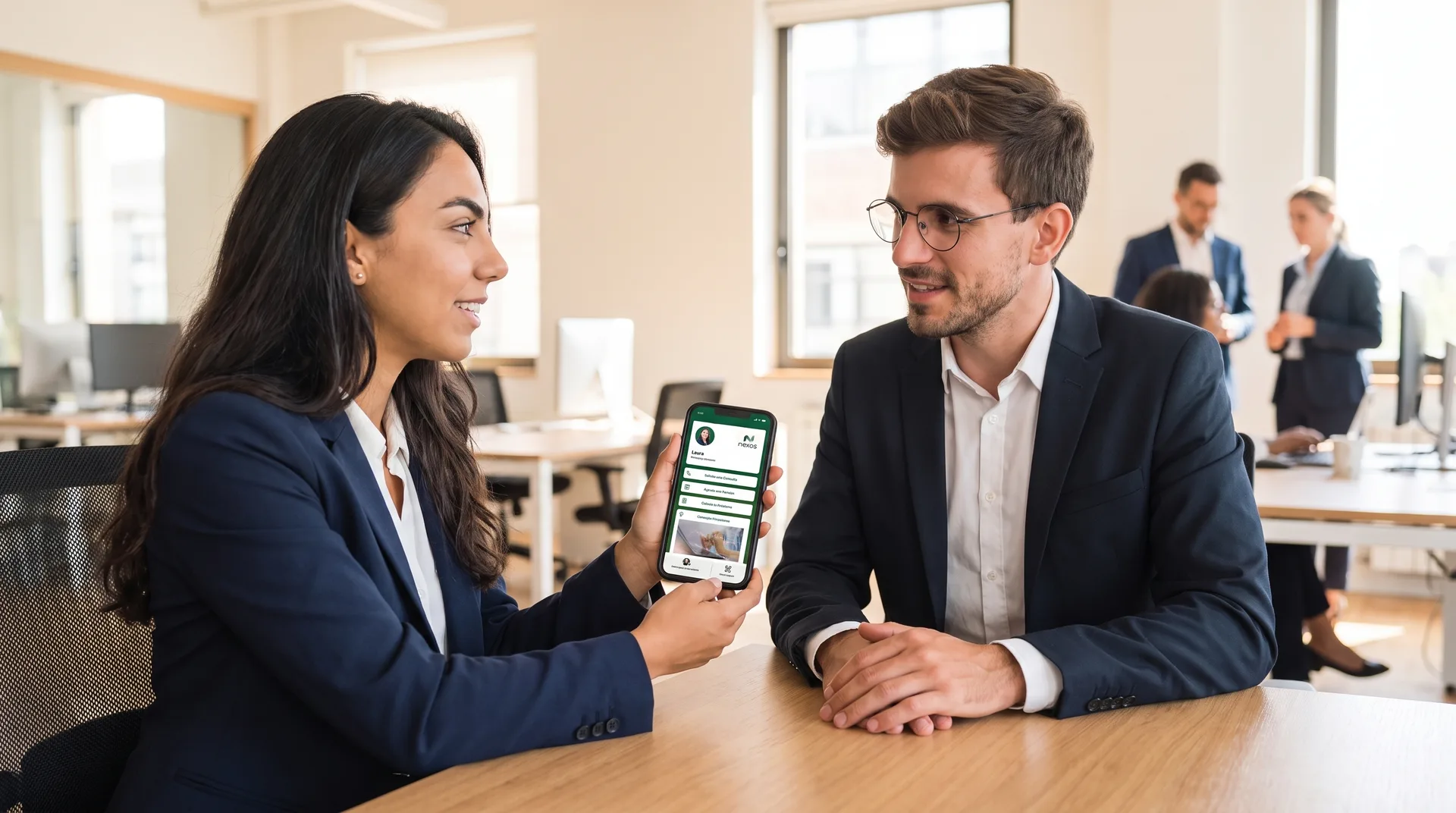 Dois colegas verificam no telemóvel como fica o cartão digital da empresa