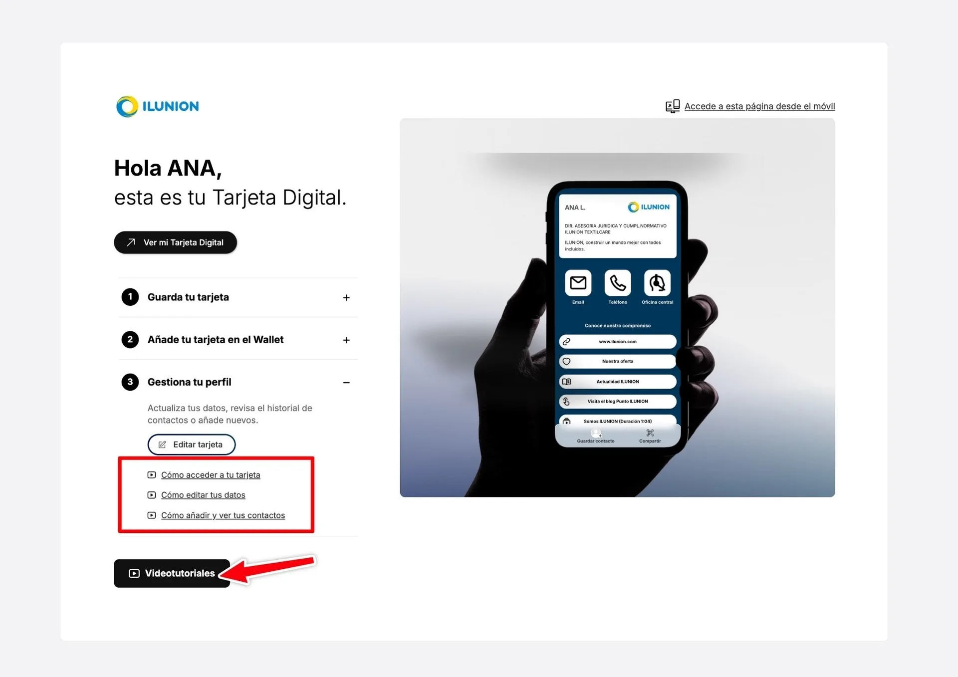Correo de bienvenida de ILUNION para activar la tarjeta digital