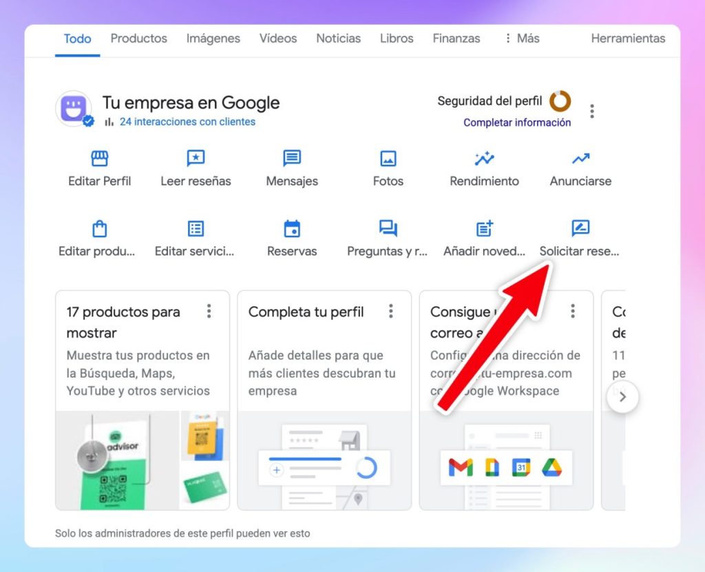 Perfil de empresa do Google com o botão «Solicitar avaliações» destacado