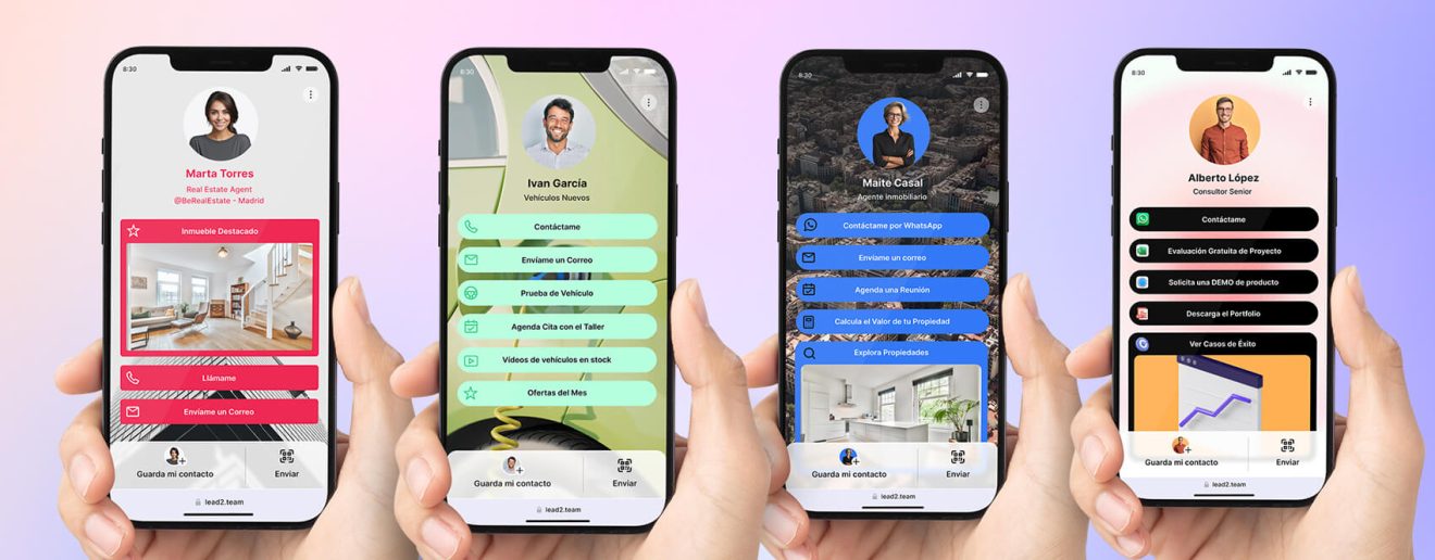 Cuatro móviles mostrando ejemplos de diseño de tarjetas digitales.