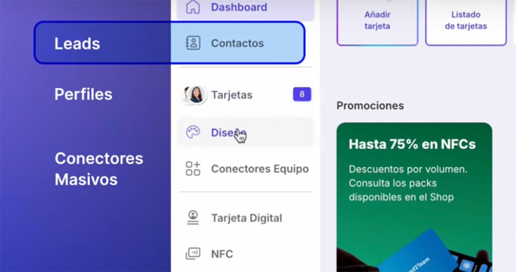 Nova nomenclatura de menu: Leads passa a Contactos, Perfil passa a Cartões e Conectores Massivos passam a Conectores de Equipa