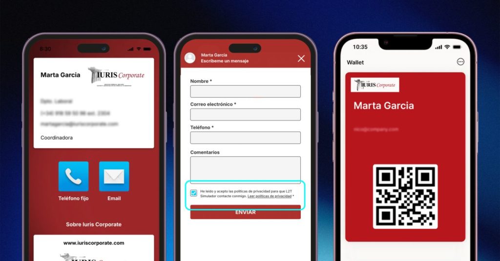 3 mockups en versión móvil de las tarjetas de presentación digitales de Iuris Coporate: tarjeta digital, wallet y formulario con check de políticas de privacidad para recoger datos de terceros.