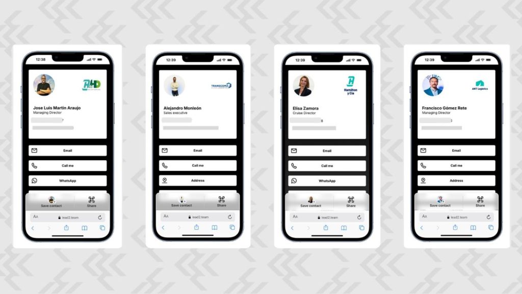 Mockup of four digital cards in mobile version. Each card belongs to a different person, with their photo, the company logo and contact details.