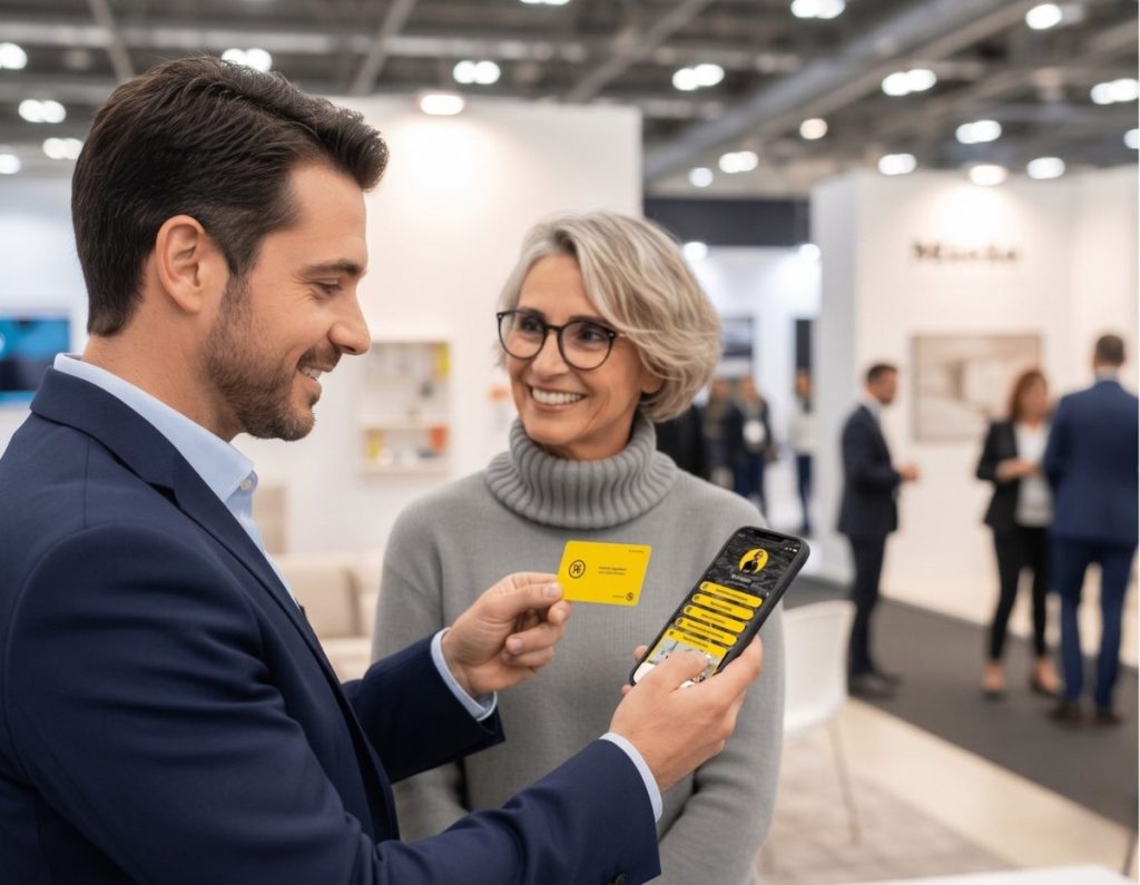 A man and a woman networking at a trade show. They are holding a mobile phone that shows a digital contact card.